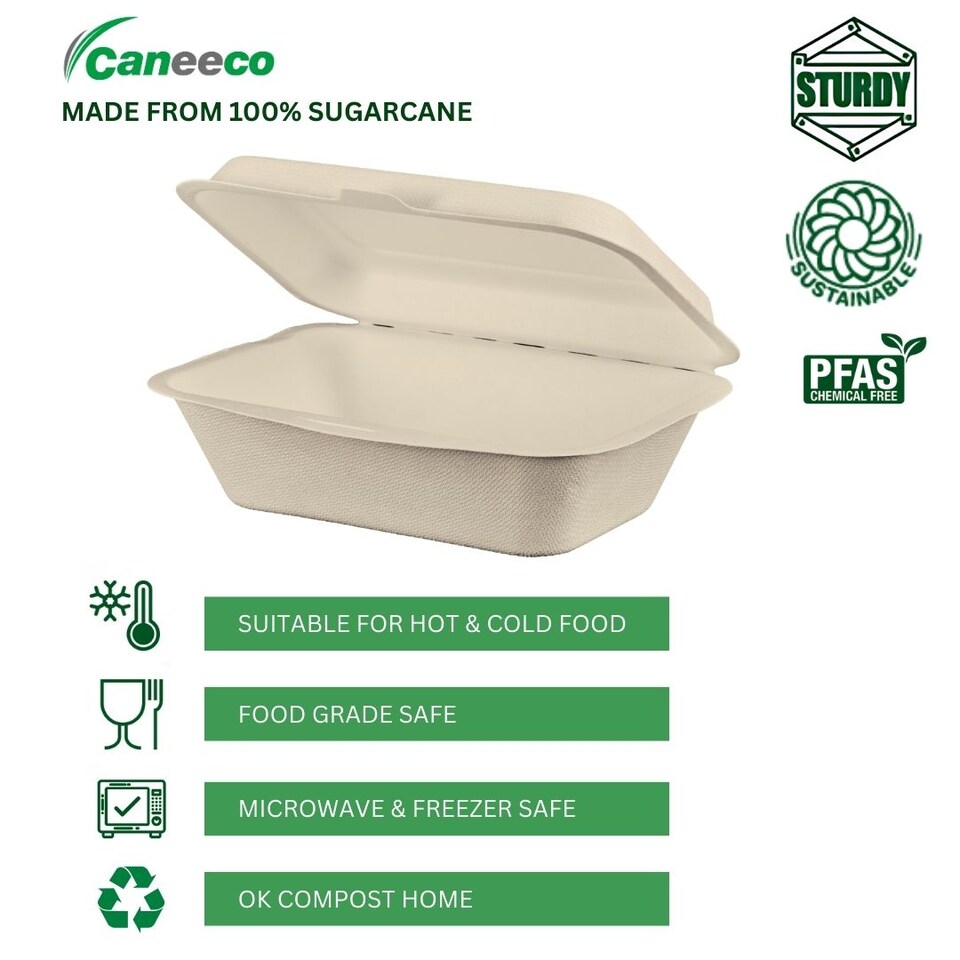 image 1 of Bagasse Sugarcane Takeaway Boxes 7x5 Clamshell Containers, PFAS Free, TUV Home Compostable Certified Food Boxes for Hot & Cold Meals, Restaurants, Parties & Catering
