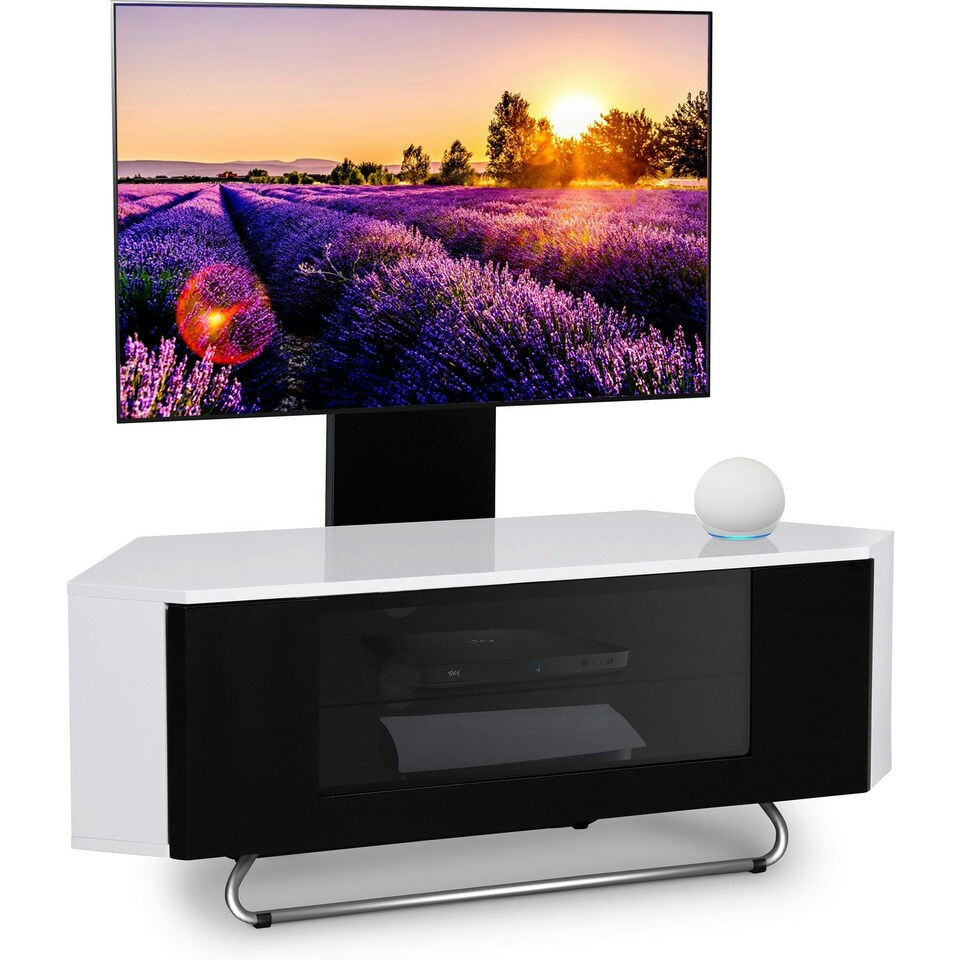 image 1 of Centurion Supports Hampshire Corner-Friendly Gloss White with Black Contrast Beam-Thru Remote Friendly Door 26"-50" Flat Screen TV Cabinet with Mounting Arm White