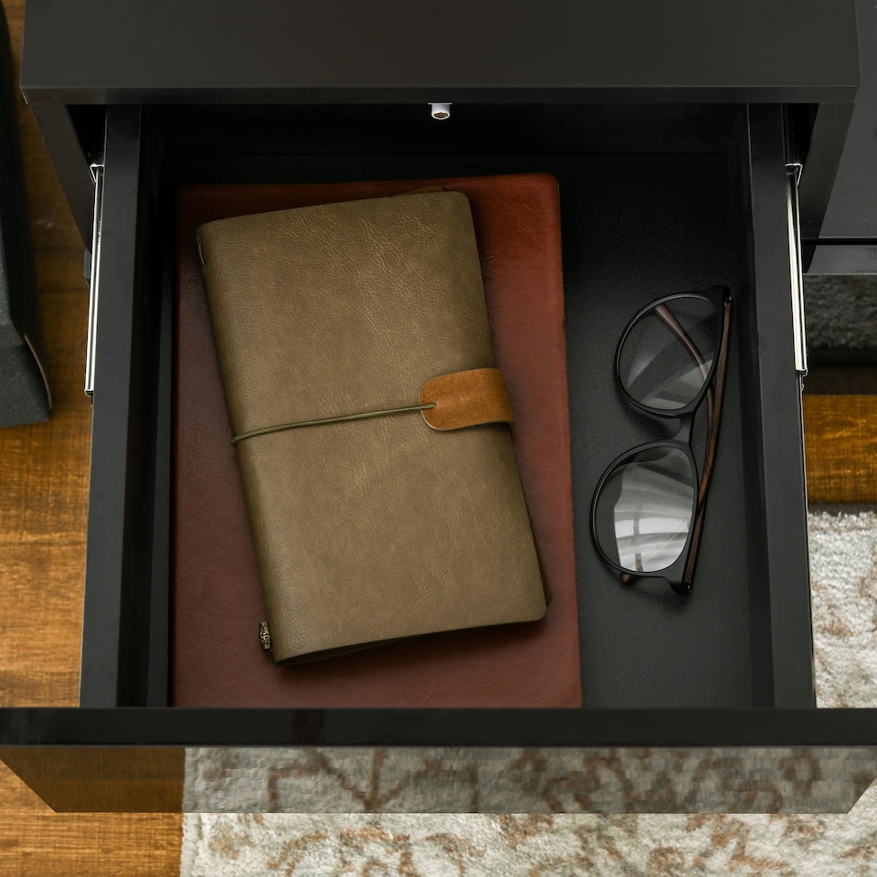 image 1 of HOMCOM Bedside Table with LED Light, Nightstand with 2 Drawers and High Gloss Front, USB Powered Side Table with Remote for Bedroom, Living Room, Black