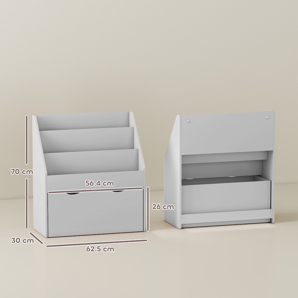 image 1 of AIYAPLAY Kids Bookcase w/ 3 Tier Shelves, Drawer, for Bedroom, Nursery, Grey