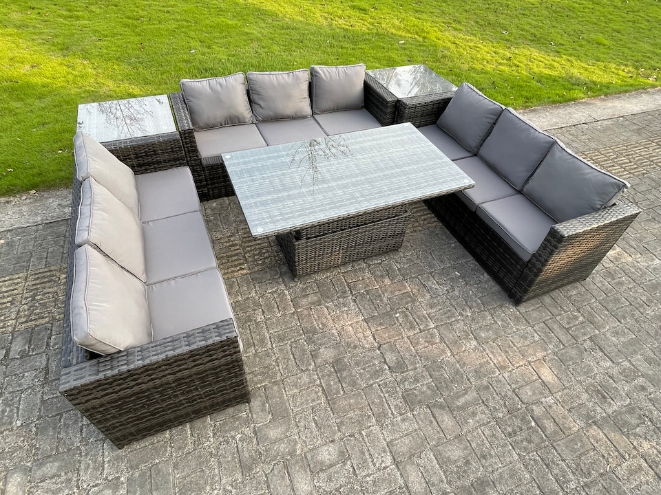 image 1 of Fimous U Shape Rattan Gardern Furniture Dining Sofa Set Adjustable Rising Dining Table With 2 Side Coffee Table