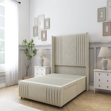 Sloomy Camden Cream Plush Divan Bed Base No Drawers With 54 Inch Wingback Headboard & 12 Inch Matching Footboard | Cream | Cream | Small Double | 1