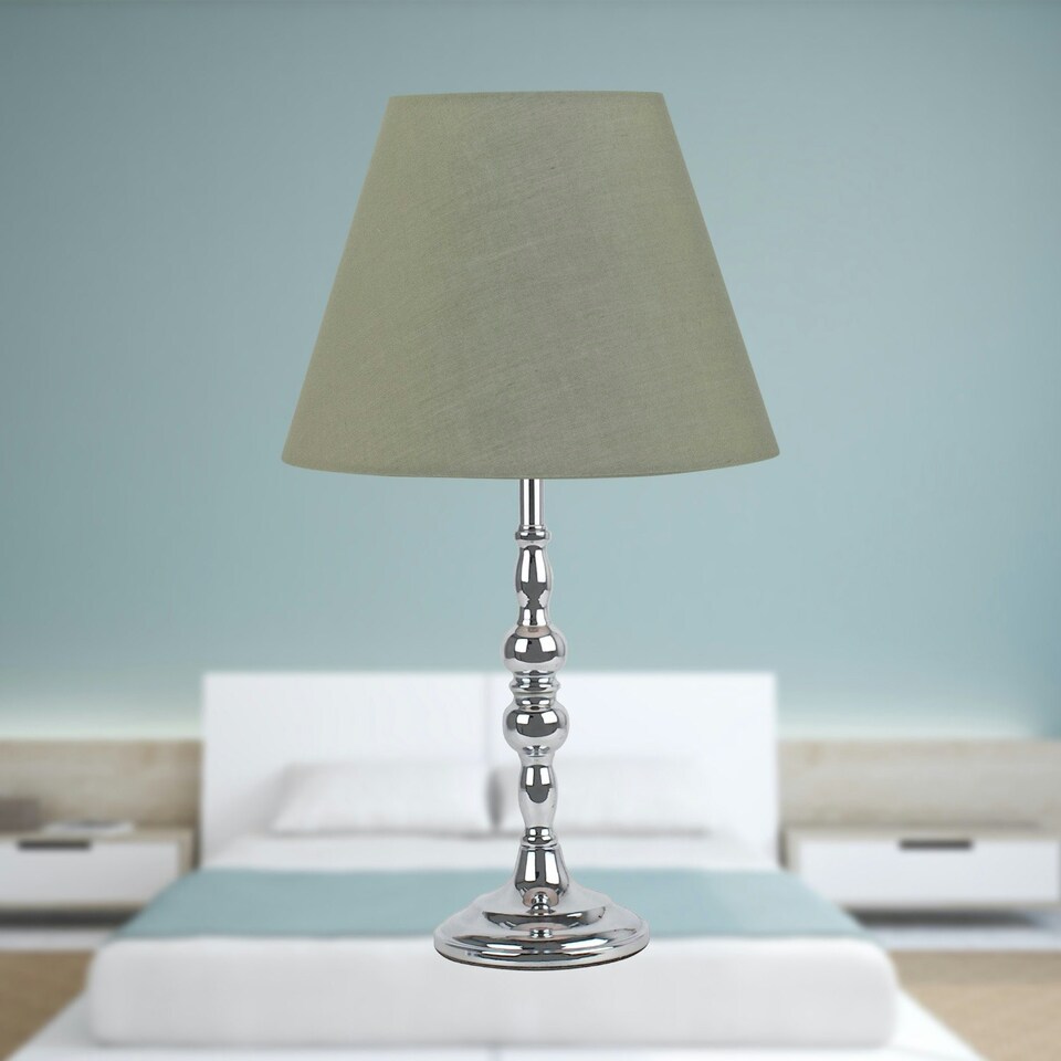 image 1 of Chrome Table Lamp with Decorative Stem and Sage Green Shade Chrome | Green