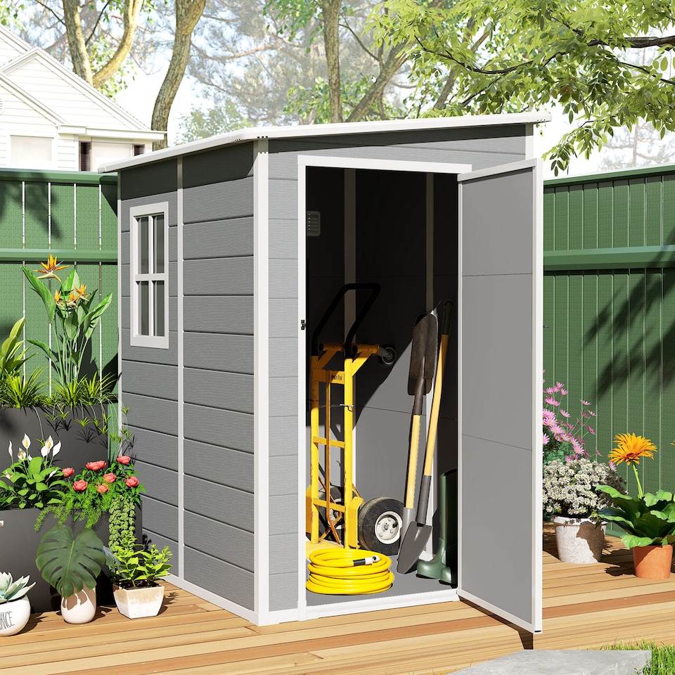 image 1 of Outsunny Lean to Garden Shed 4'x5' Plastic Tool Storage House w/ Lockable Door | Grey