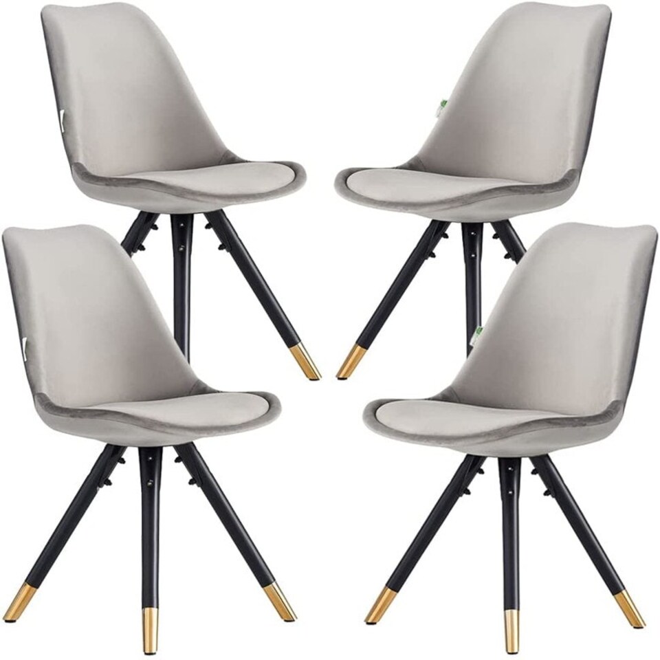 image 1 of Set of 4 Sofia Ergonomic Modern Dining Chairs Upholstered in Velvet, Metal Legs with Gold End Tips | Grey | Dark Grey