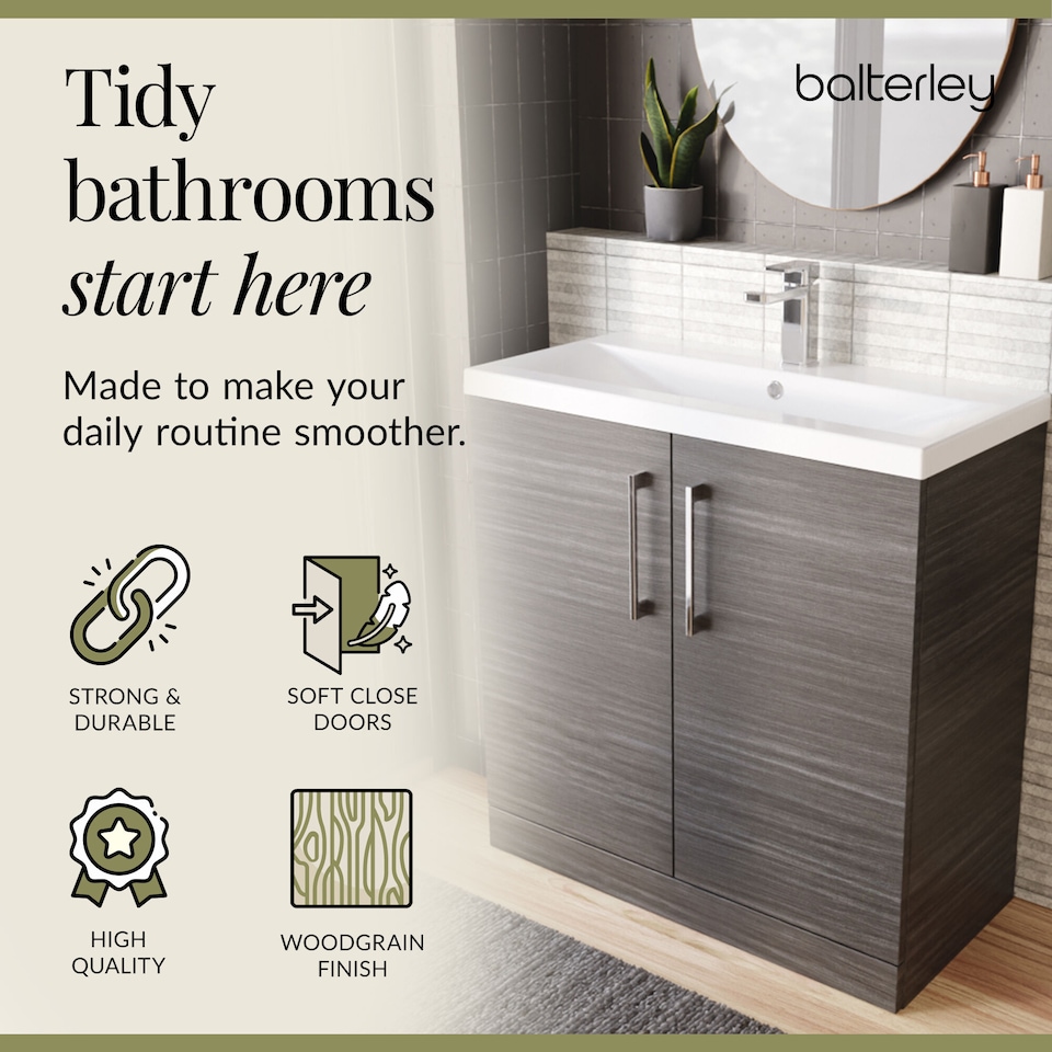 image 1 of Balterley Contemporary Bathroom Floor Standing 2 Soft-Close Door Vanity Unit & Mid-Edge Ceramic Basin | Grey | Anthracite Woodgrain