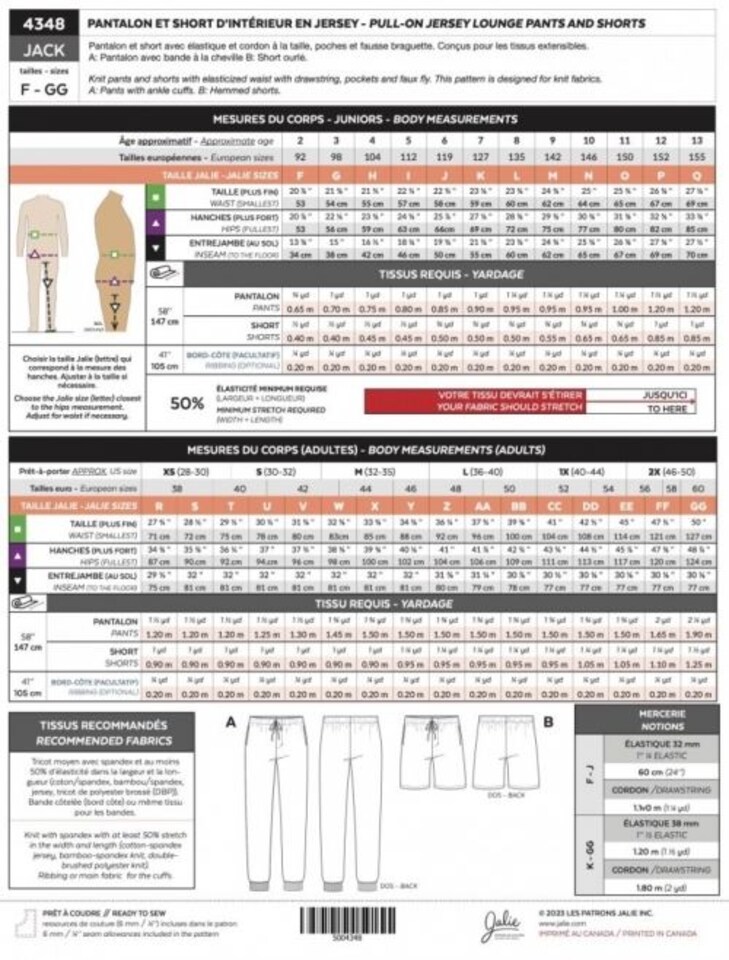 image 1 of Jalie 4348 Jack Pull On Lounge Pants & Shorts Paper Sewing Pattern – Children’s, Teenagers’ & Men’s Trousers & Shorts, 28 Sizes, Easy