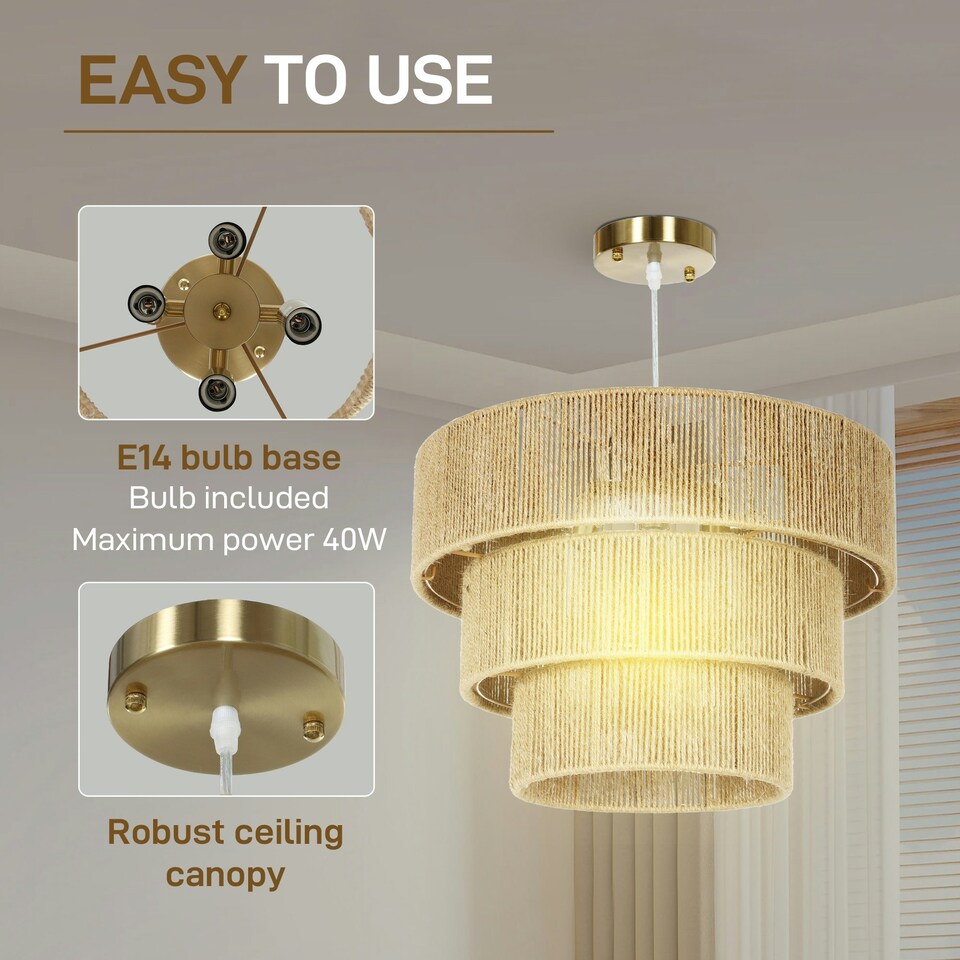 image 1 of HOMCOM Boho Hemp Rope Pendant Light, Ceiling Light for Bedroom, Light Brown
