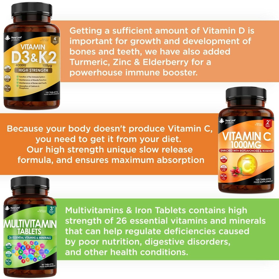 image 1 of Essential Wellbeing Bundle - Vitamin C, Vitamin D3 & K2, Multivitamin Tablets