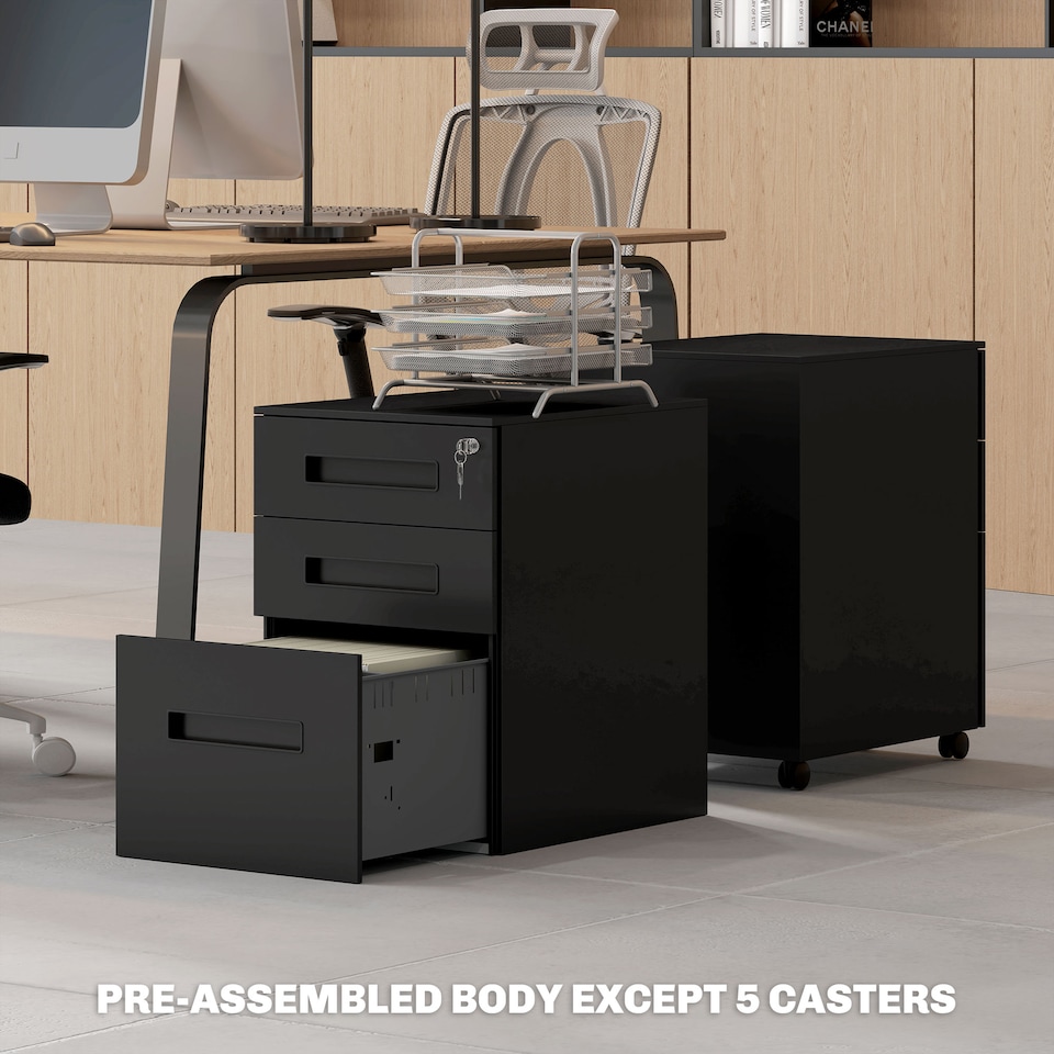 image 1 of Vinsetto 3 Drawer Mobile File Cabinet, Metal Filing Cabinet with Lock and 5 Wheels for A4 Legal Letter Sized Documents, Hanging File Folders, Pre-Assembled Body, 39 x 48 x 60 cm, Black | Black | Black