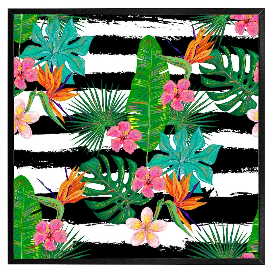 image 1 of Tropical plants on black & white stripes (Picutre Frame) Brown | Oak | XS