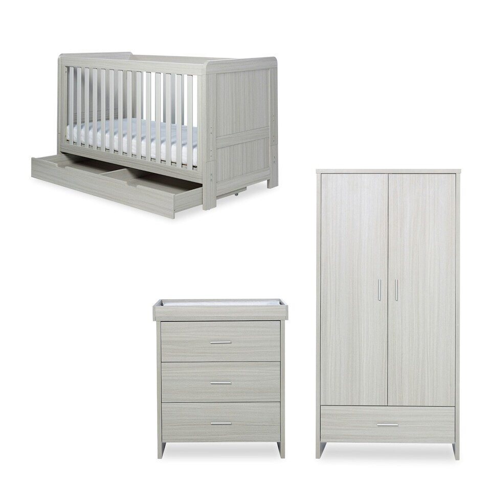 image 1 of Pembrey 3 Piece Furniture - Cot Bed, Changing Unit, Wardrobe & Premium Sprung Mattress, Suitable from Birth to 4 Years (Ash Grey)