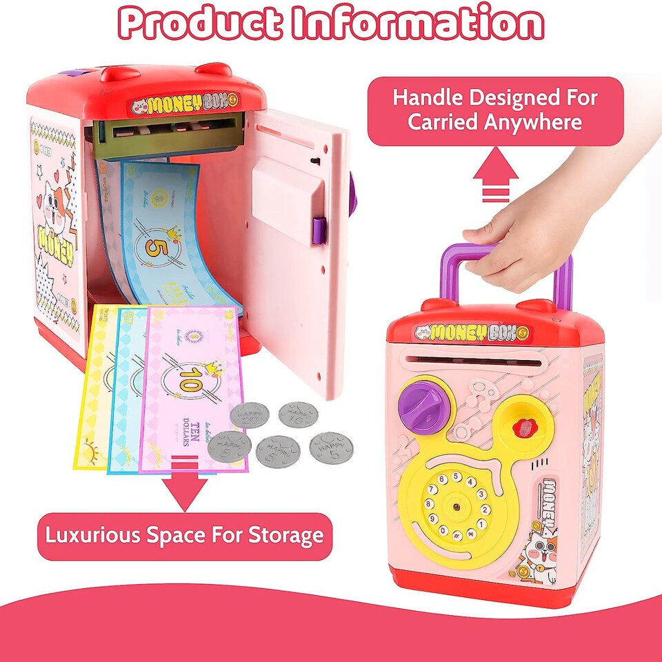 image 1 of Electronic Money Bank for Kids Pink Password & Fingerprint Toy ATM Piggy Bank Secure, Fun & Educational Savings Box