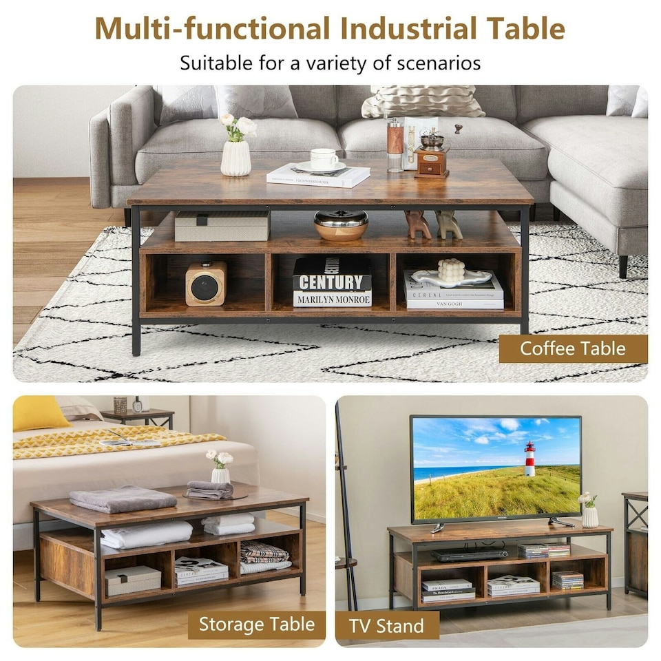 image 1 of COSTWAY Coffee Table Wooden Cocktail Center Table w/Storage Shelf Brown