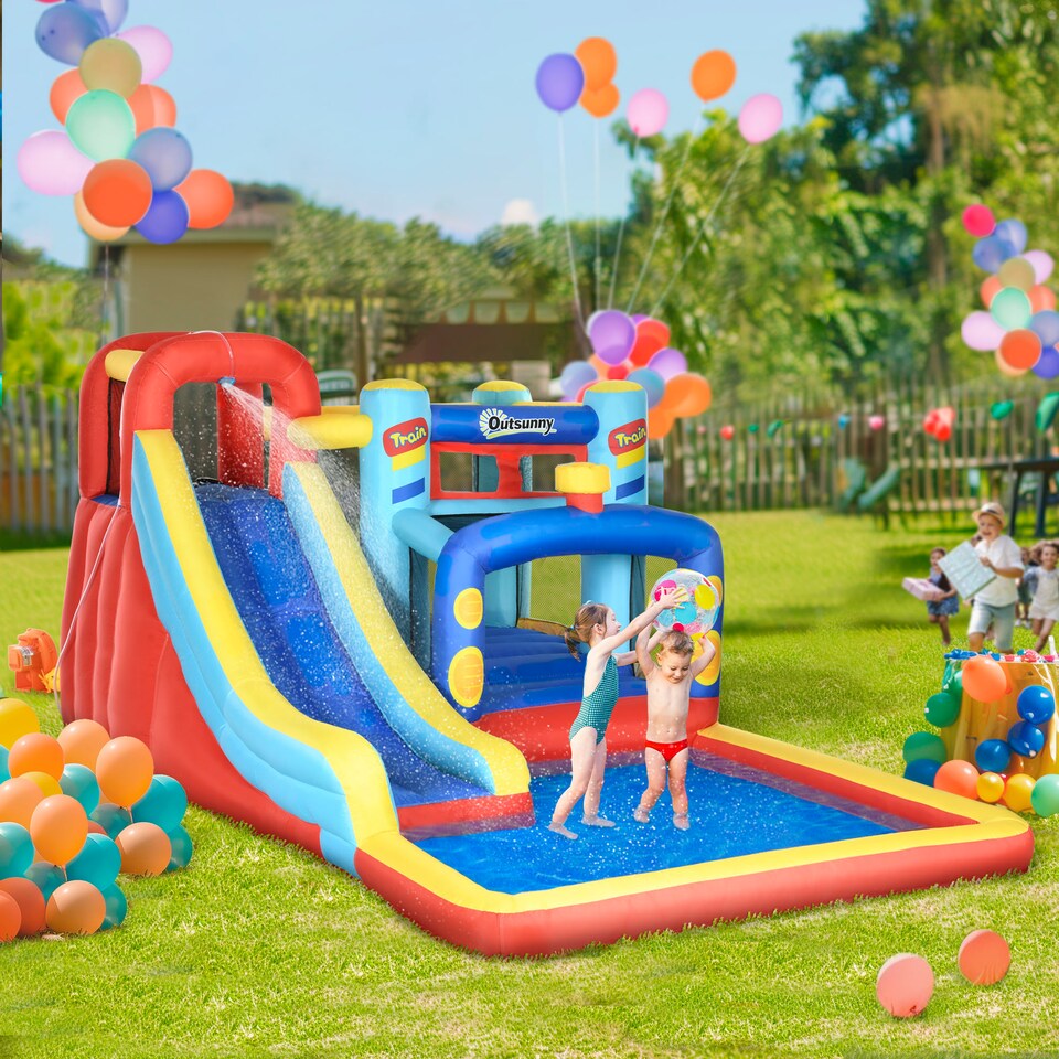 image 1 of Outsunny 4-in-1 Kids Bouncy Castle w Slide, Trampoline, Climbing Wall