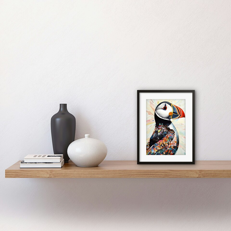 image 1 of Colourful Pattern Feather Puffin Bird Folk Art 9x7" Black Framed Wall Art Print