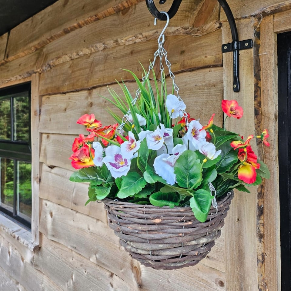 image 1 of Pair of 30cm 10 Inch Flame Red & White Pansy Flower with Rattan Wicker Hanging Baskets for Indoor Outdoor Garden Use | Red | Flame Red & White | 1