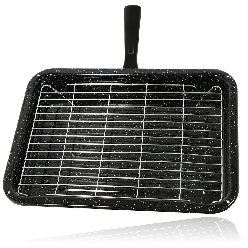image 1 of SPARES2GO Small Grill Pan, Rack & Detachable Handle for Lamona Oven Cookers (Non-Stick Vitreous Enamelled)