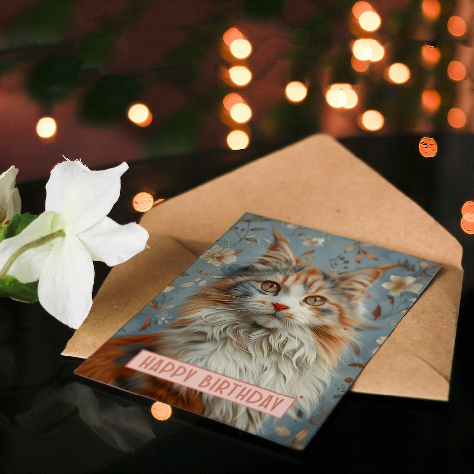 image 1 of Cat Lover Fluffy Maine Coon Retro Floral Pattern Her Birthday Card
