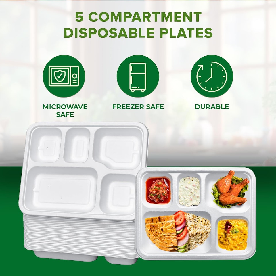 image 1 of ECONX Bagasse Deep 5 Compartment Food Tray Plate Disposable Sugarcane Paper Plate 50pc