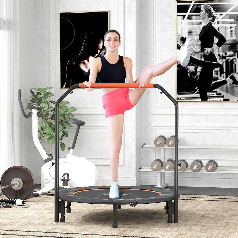 image 1 of HOMCOM 48" Foldable Mini Trampoline Fitness Trampoline Rebounder for Adults with Adjustable Foam Handle, for Indoors, Outdoors, Cardio Training, Orange | Orange