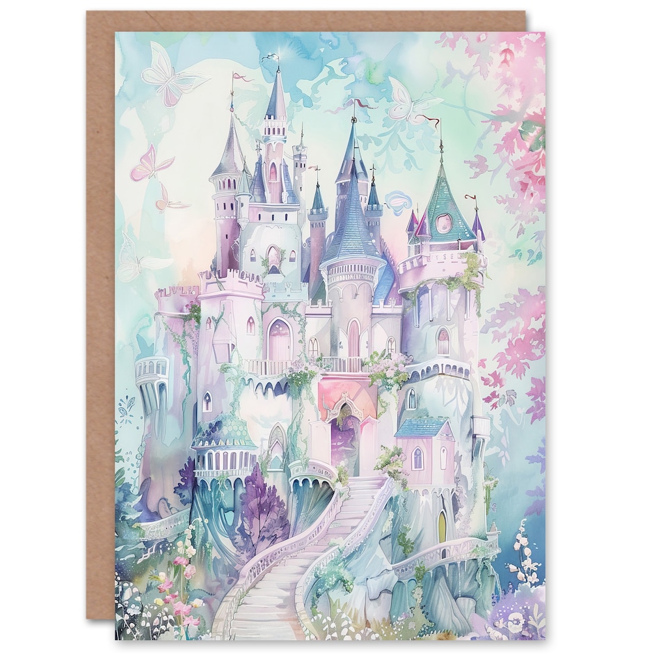 image 1 of Greeting Card Fairy Tale Princess Castle Pastel Colour Fantasy