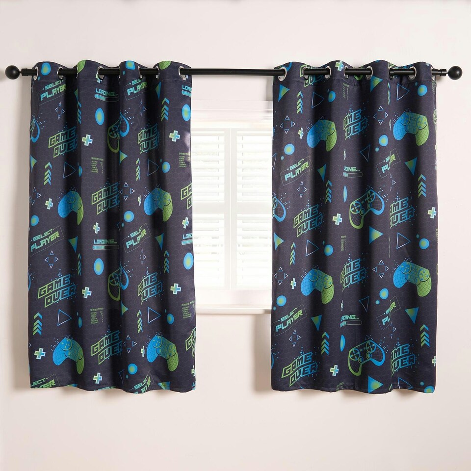 image 1 of OHS Kids Gaming Blackout Eyelet Curtains Ring Top Ready Made Panel Pair, 66x54" Blue | Navy Blue