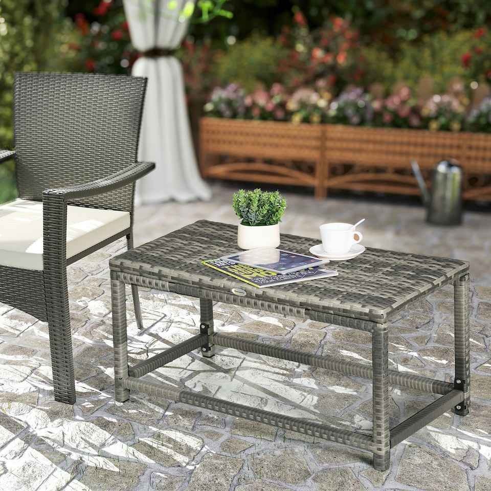 image 1 of Outsunny Outdoor Coffee Table, PE Rattan Side Table w/ Plastic Board, Grey