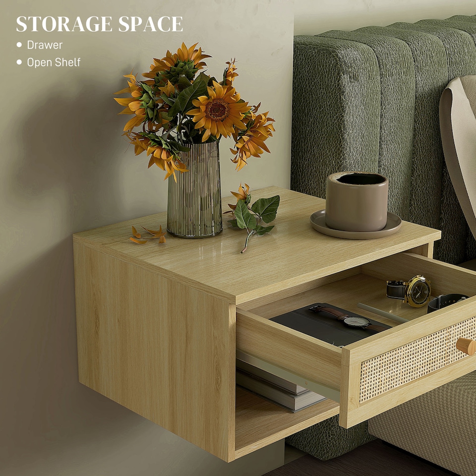 image 1 of HOMCOM Floating Bedside Tables, Nordic Nightstands Set of 2 with Rattan Drawer and Open Shelf for Bedroom, Nature Wood Finish