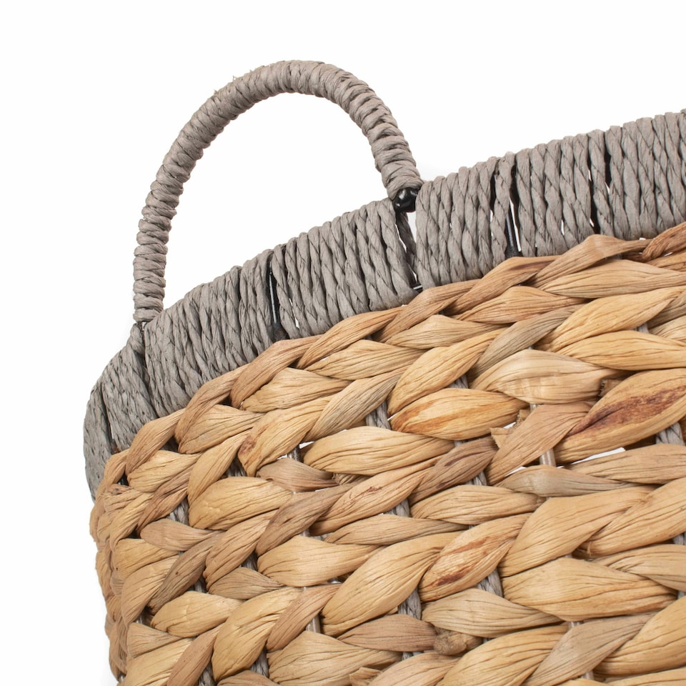 image 1 of Round Water Hyacinth Basket with Grey Rope Border Brown | Brown | L