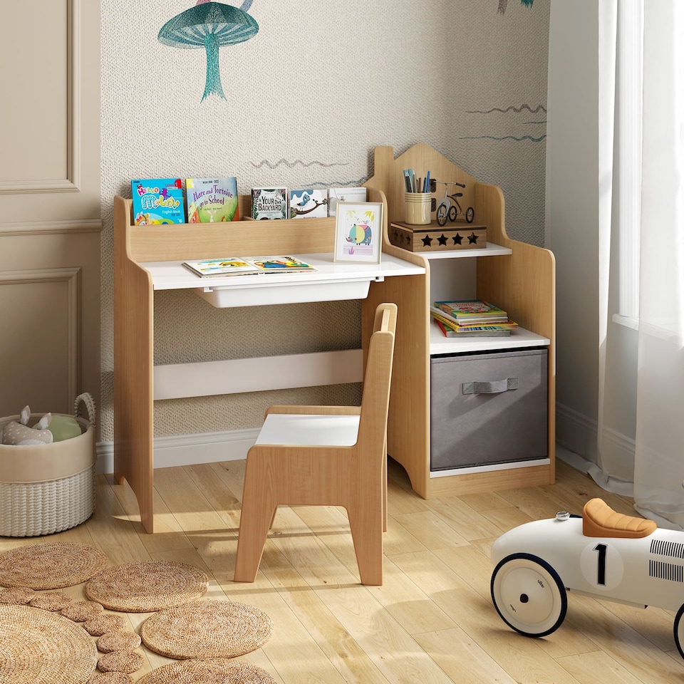 image 1 of COSTWAY Kids Study Desk and Chair Set Children Table Natural