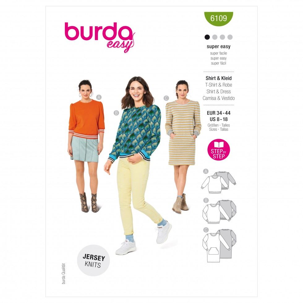 Burda 6109 Paper Sewing Pattern – Women’s Tops, Sweaters & Dresses, Sizes 34–44, Easy