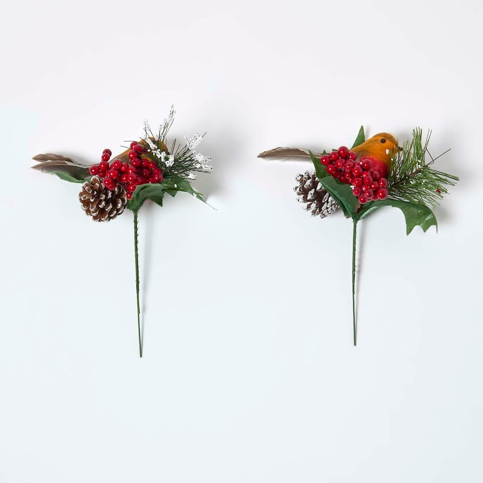 image 1 of Homescapes Set of 2 Artificial Robin and Foliage Picks, 18 cm