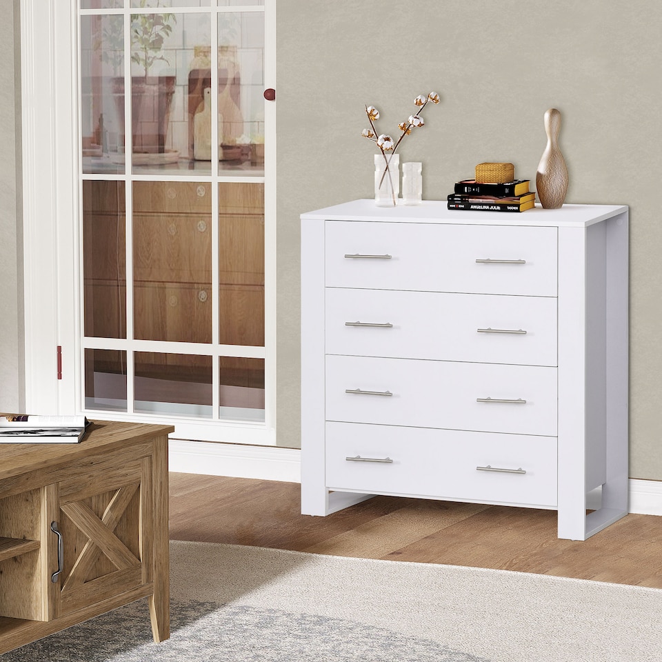 image 1 of HOMCOM Chest Of 4 Drawers Storage Cabinet Bedroom Clothes w Metal Handles Base Freestanding Unit Furnishing Living Room White