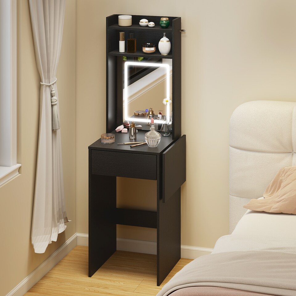 image 1 of HOMCOM Compact Dressing Table with Lighted Mirror Open Shelves Drawer | Black