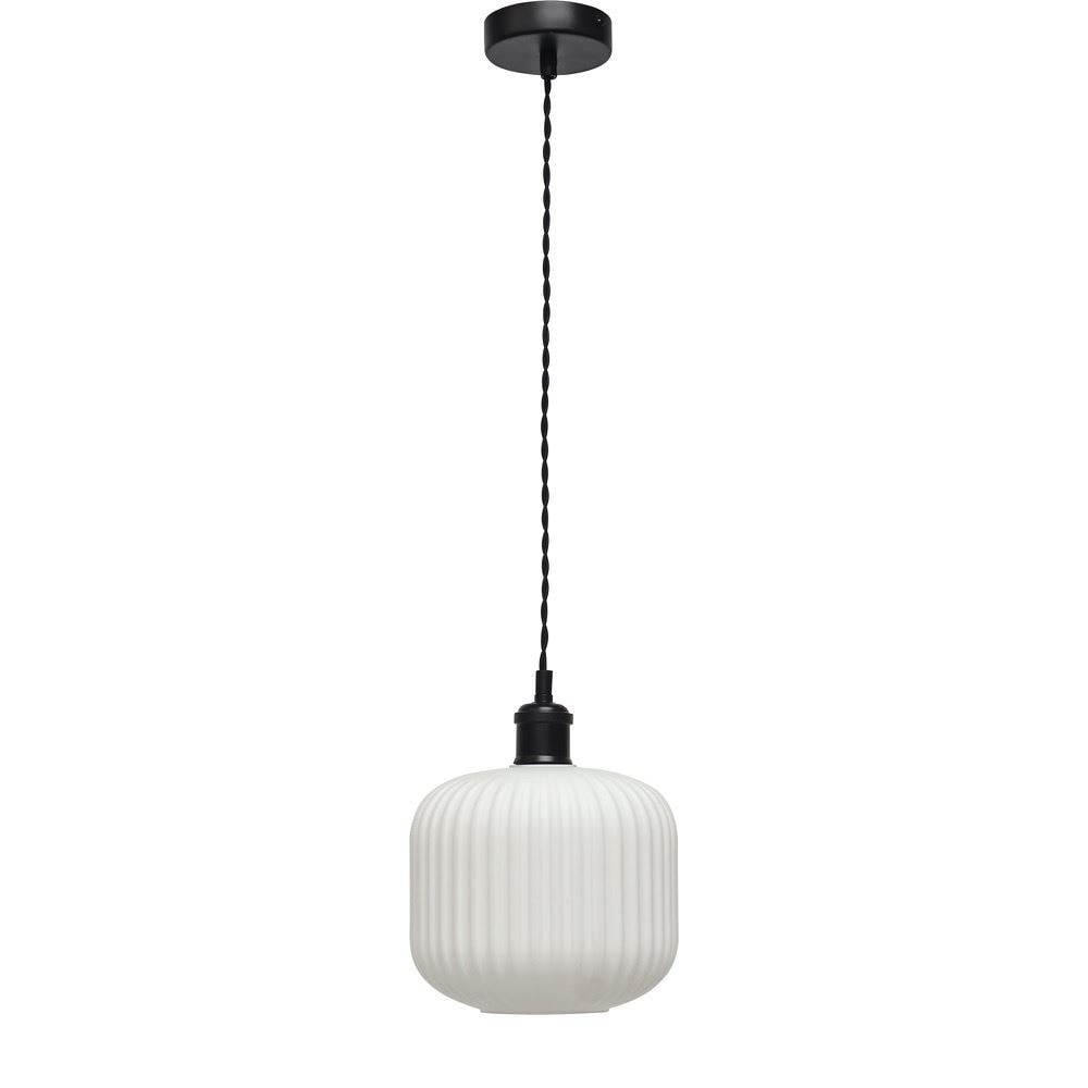First Choice Lighting Bento - White Ribbed Glass Black Retro Pendant Fitting