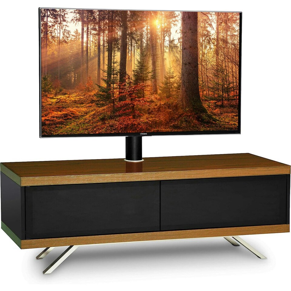 image 1 of MDA Designs TUCANA 1200 HYBRID Black Walnut TV Cabinet BeamThru Remote-Friendly Doors for up to 60" Flat Screen TVs with Mounting Arm Brown