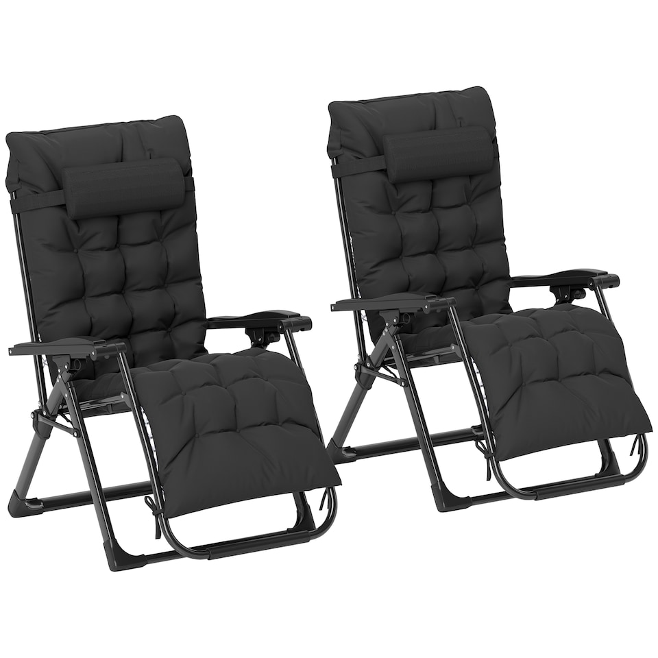 image 1 of Outsunny 2 Piece Reclining Zero Gravity Chair Metal Frame Folding Garden Sun Lounger with Cushion Headrest | Black
