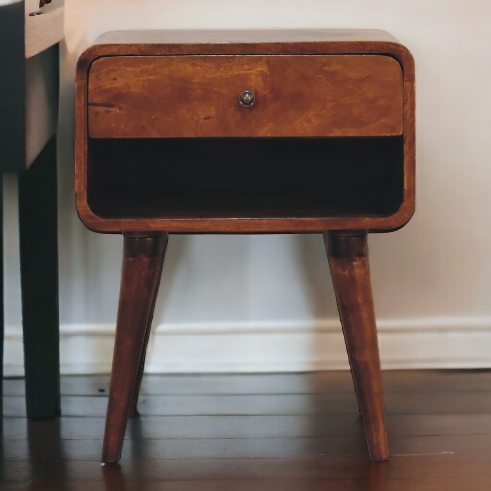 image 1 of Artisan Furniture Solid Wood Curve Open Slot Chestnut Bedside, 1 drawer & 1 Shelf, Brown