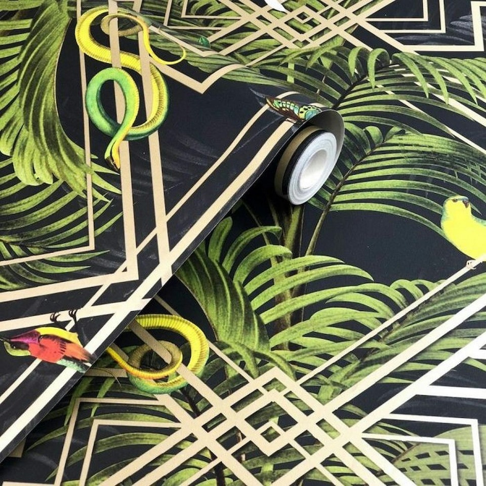 image 1 of Holden Décor Congo Geometric Wallpaper - Black/Green - 10m x 53cm Black