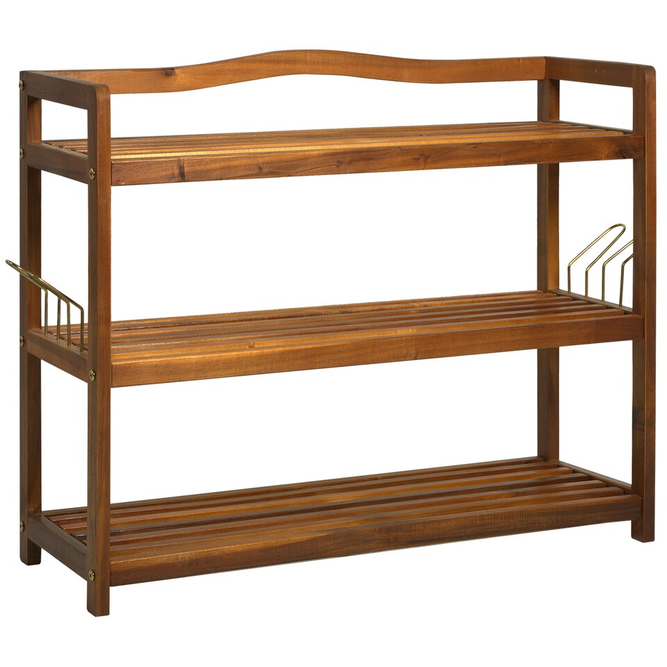 image 1 of HOMCOM 3-Tier Shoe Rack Acacia Wood Shoe Storage Shelf for Entryway Bedroom Teak
