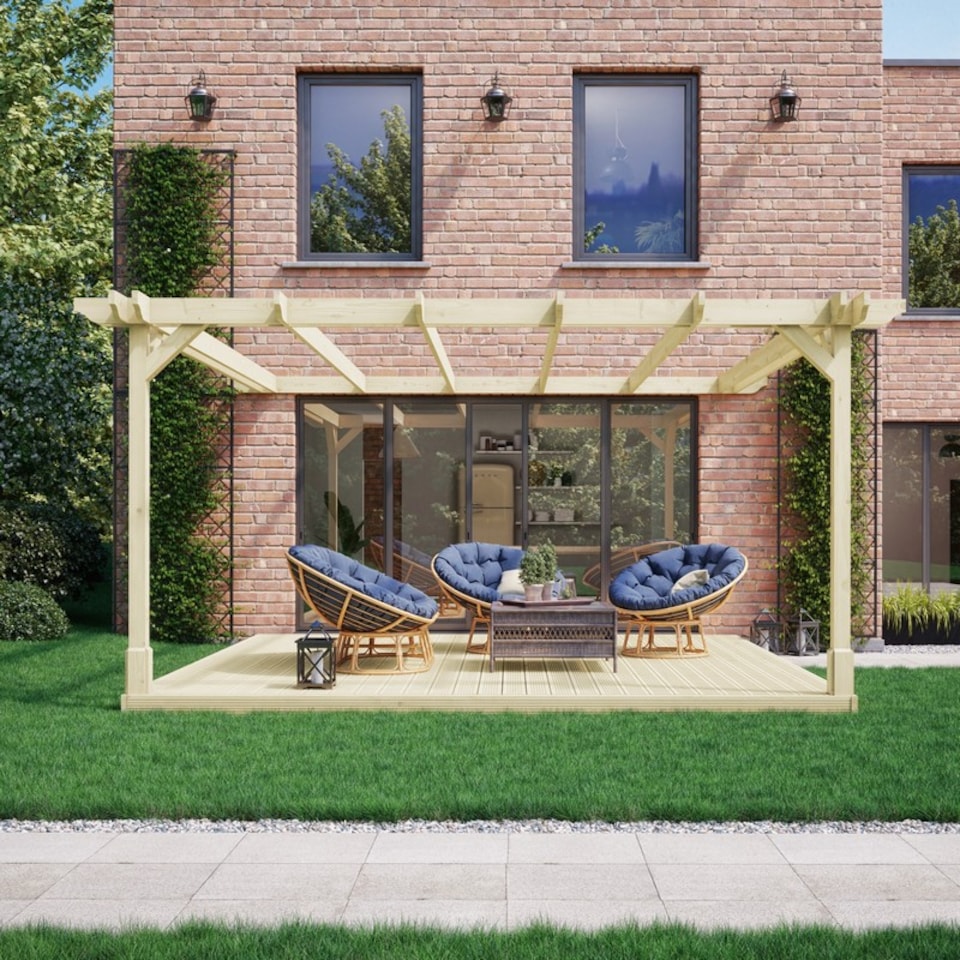 image 1 of Wall Mounted Double Premium Pergola and Decking Kit - Wood - L240 x W240 x H270 cm - Light Green