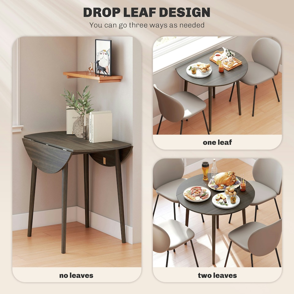 image 1 of HOMCOM Foldable Dining Table, Round Drop Leaf Table, Wood Legs, Grey