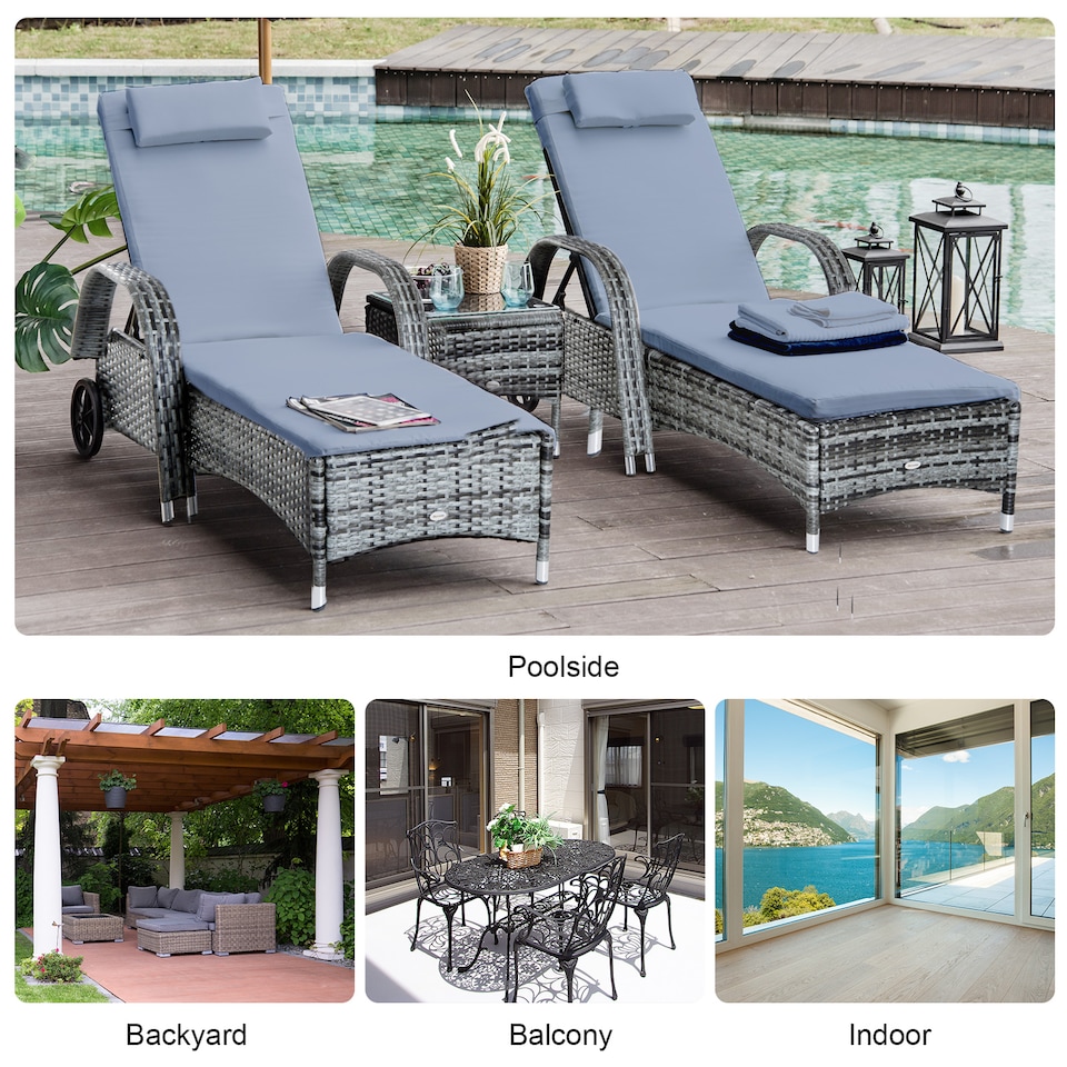 image 1 of Outsunny Rattan Sun Loungers for Garden Set of 2 with Side Table, Garden Recliner Sunbeds with Adjustable Back, Wheels, Cushions and Headrest, 3 Pieces Garden Furniture Set for Outdoor, Patio, Grey