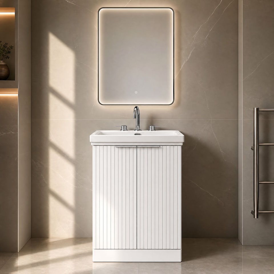 image 1 of Balterley Callingwood Contemporary Floor Standing 2 Door Vanity Unit with Traditional 3 Tap Hole Fireclay Basin , 600mm, Matt White