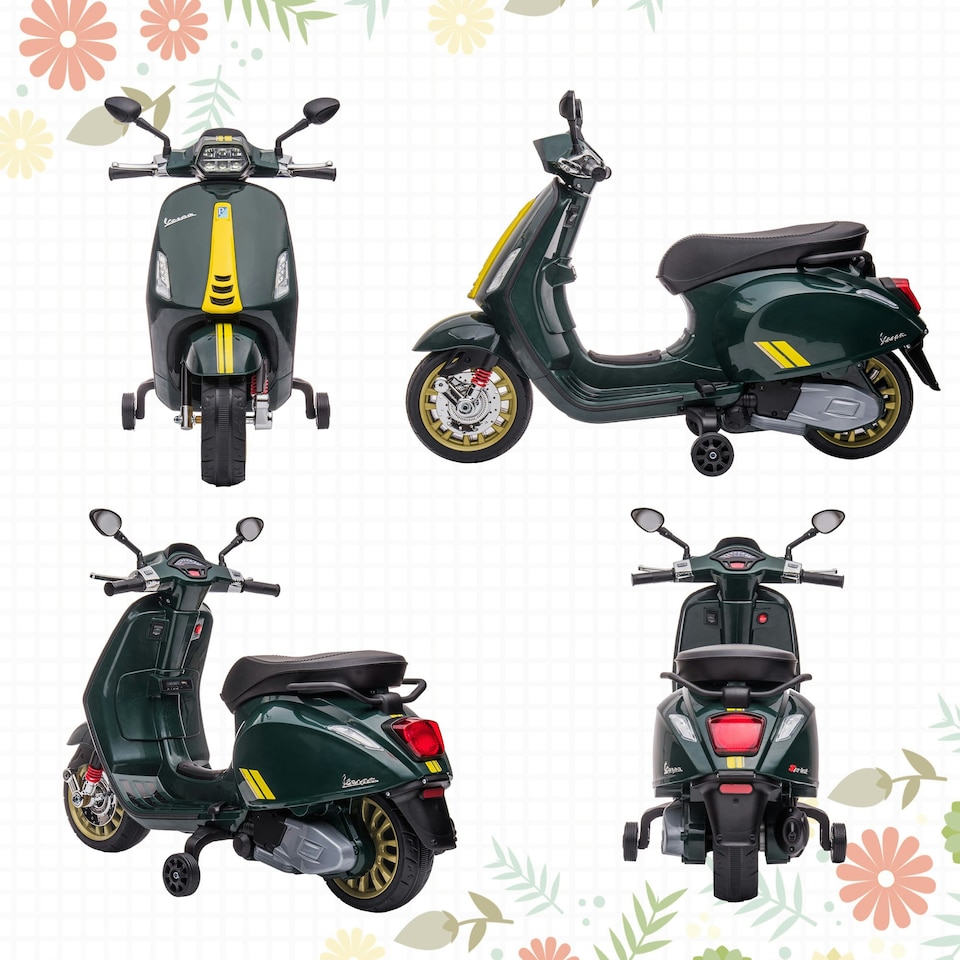 image 1 of AIYAPLAY Vespa Licensed 12V Kids Electric Bike w/ 2 Training Wheels, Green