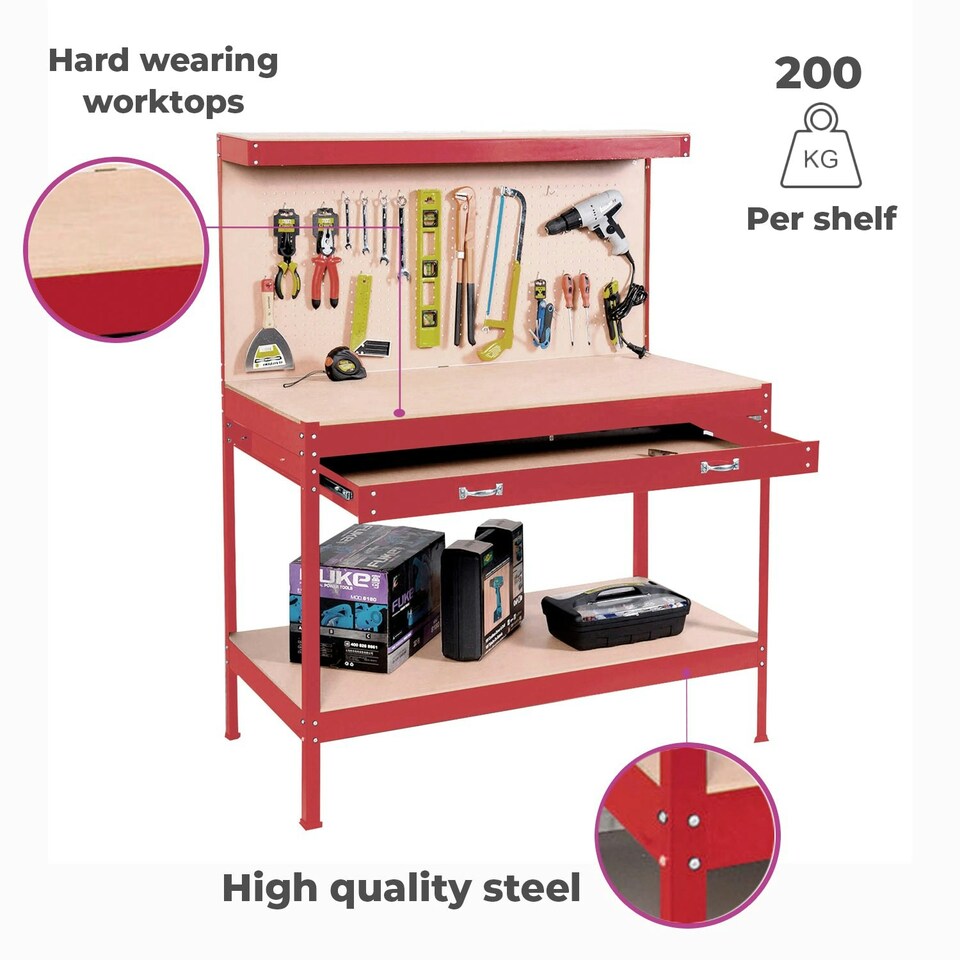 image 1 of Red Workbench Heavy-Duty Steel Pegboard Drawer Red