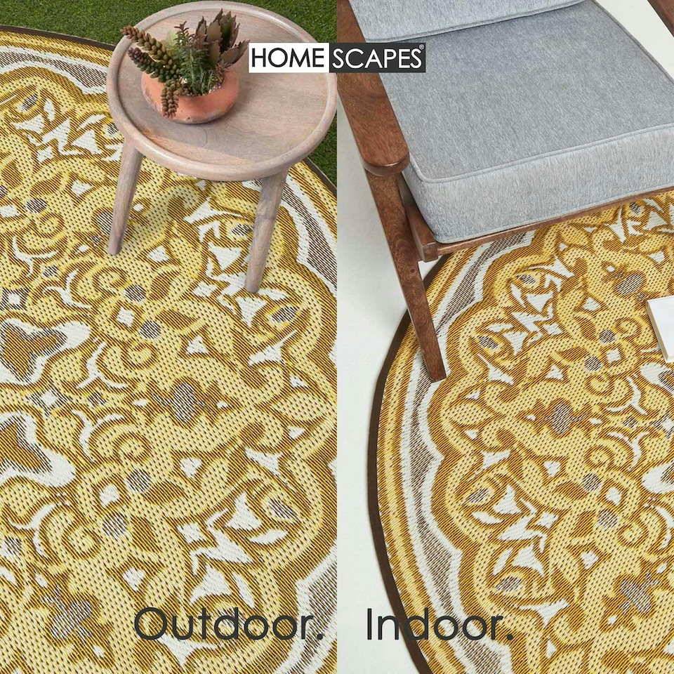image 1 of Homescapes Outdoor Rug Luxury Waterproof Reversible Recycled, For Garden, Round Rae | Yellow | Yellow