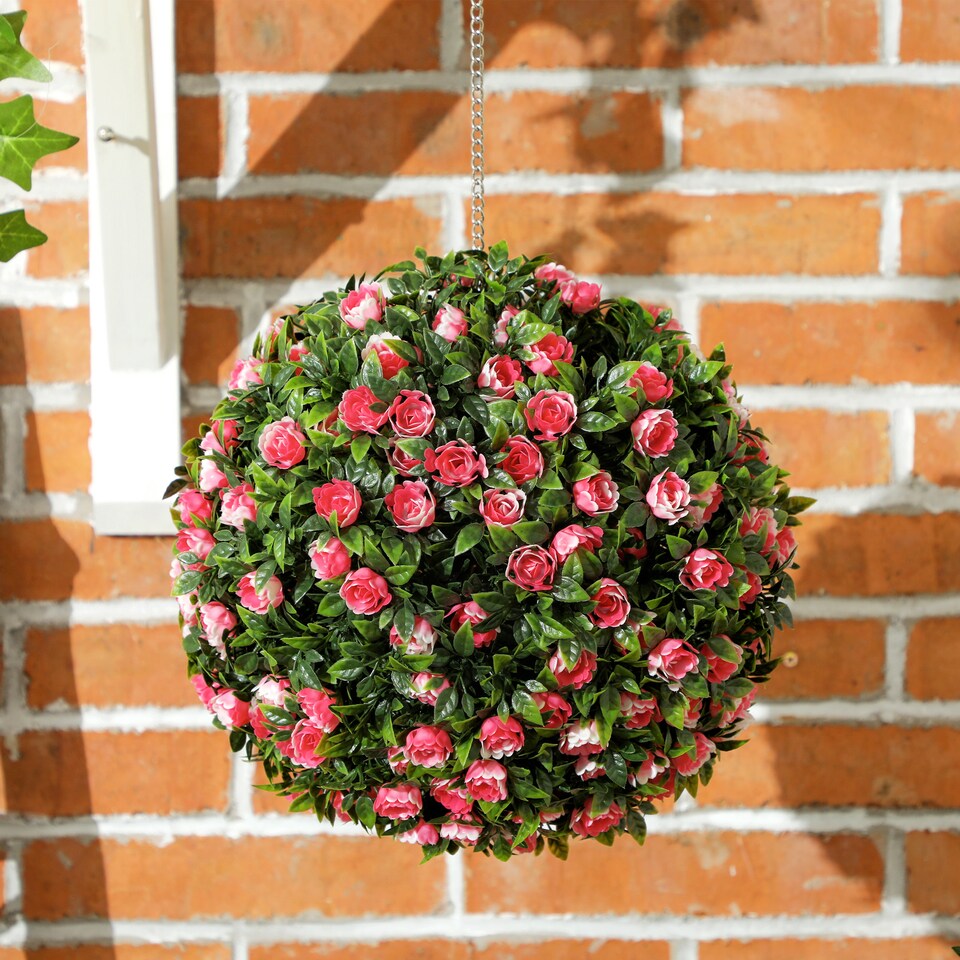 image 1 of HOMCOM Set of 2 Decorative Artificial Plants, UV-protected Artificial Plant Topiary Rose Balls, Fake Plants for Home Indoor outdoor Decor, 28cm, Pink