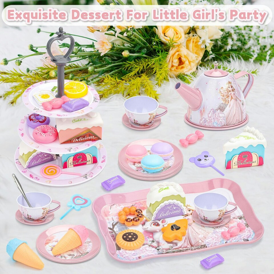 image 1 of Magical Princess Tea Party Set for Kids – Pretend Play Afternoon Tea Set with Cups, Teapot, Utensils & Carry Case